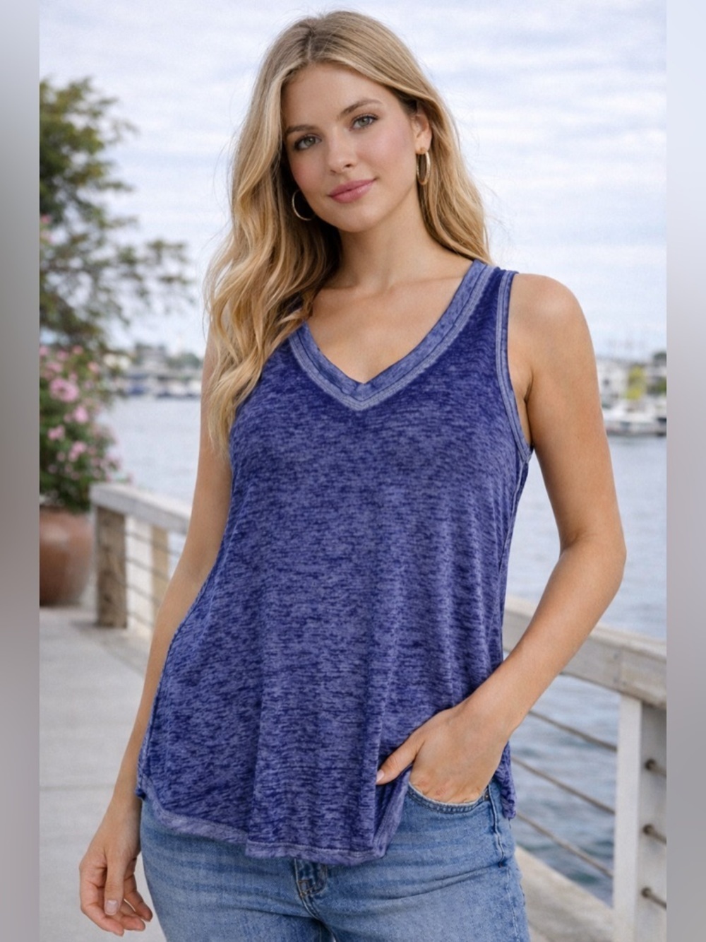 Cupio Blue V Neck Tank Top Sleeveless Flowy Lightweight Summer Basic Small NWT